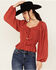 Image #1 - Miss Me Women's Embroidered Long Sleeve Peasant Top, Red, hi-res