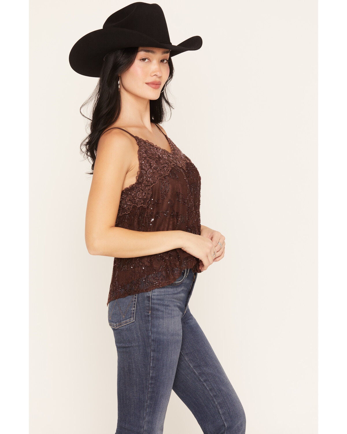 Image #2 - Miss Me Women's Sleeveless Floral Embellished Lace Cami, Burgundy, hi-res