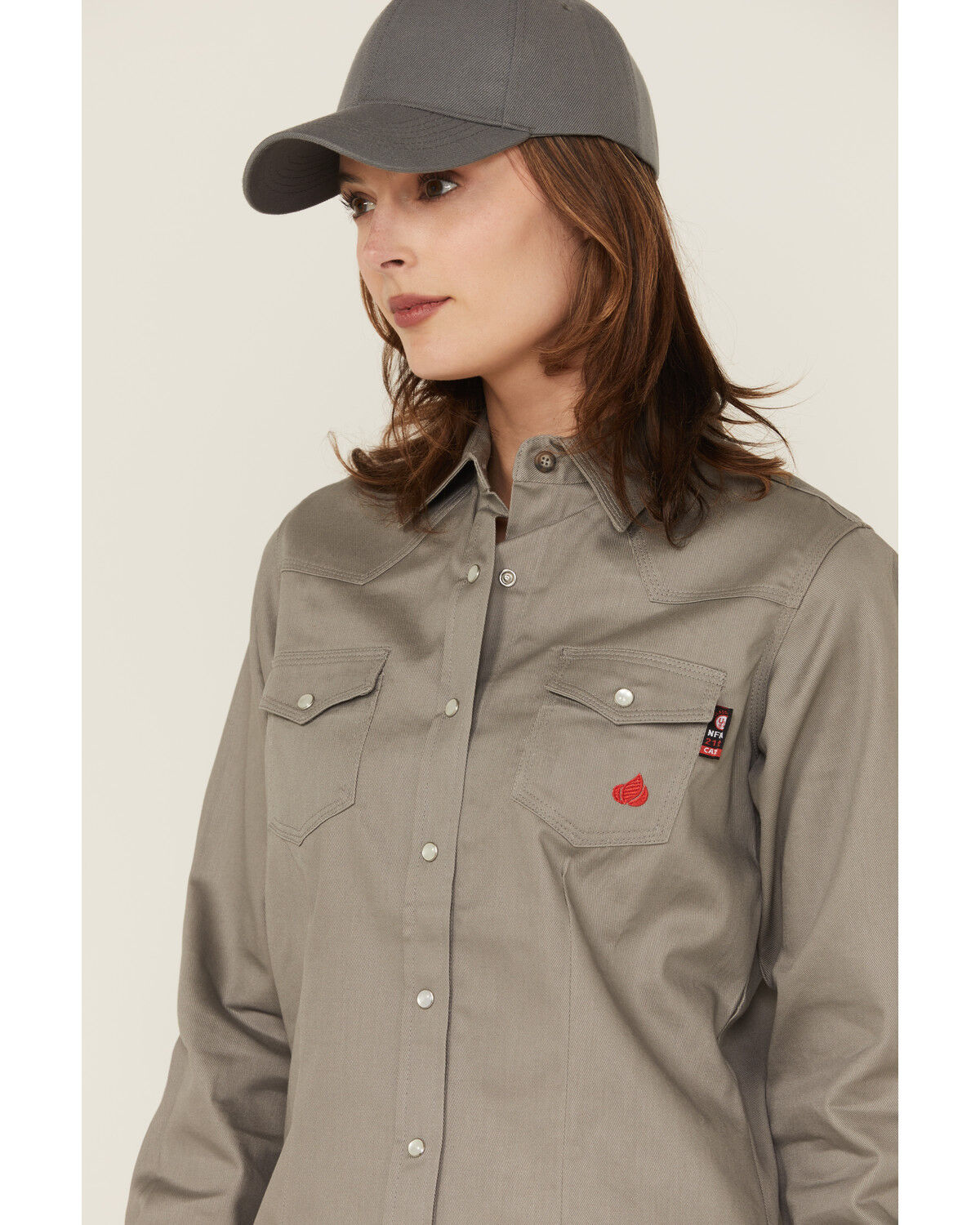 Image #2 - Forge Workwear Women's FR Solid Long Sleeve Snap Stretch Work Shirt, Grey, hi-res
