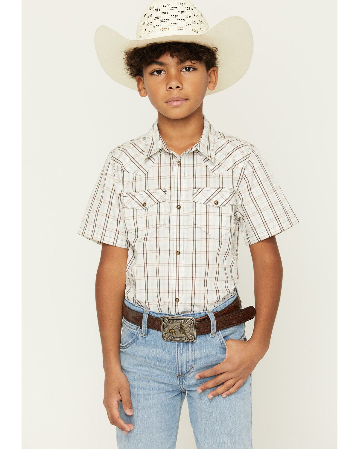 Gibson Trading Co Boys' Southern Trail Plaid Print Short Sleeve Snap Western Shirt, Cream, hi-res