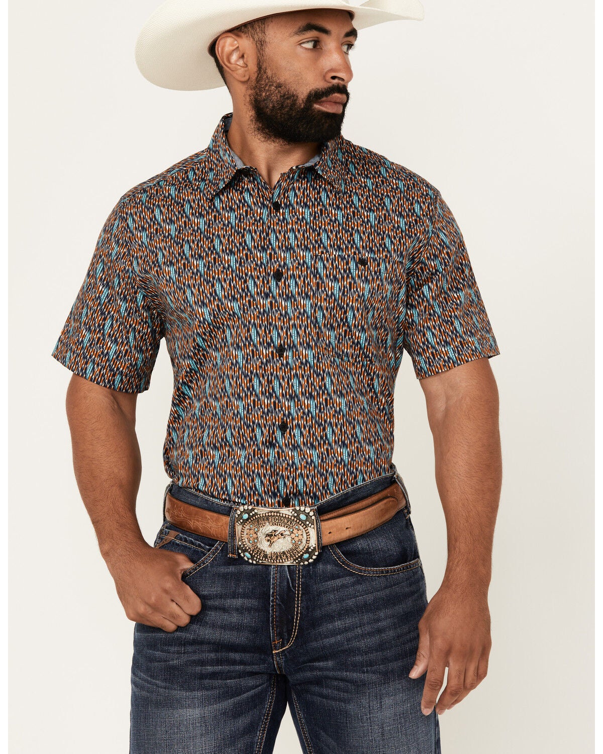 Image #1 - RANK 45&reg; Men's Raflame Geo Print Short Sleeve Button-Down Stretch Western Shirt, Gold, hi-res