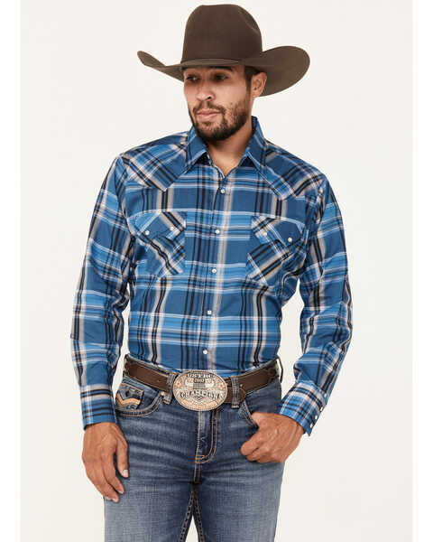 Ely Walker Men's Plaid Print Long Sleeve Snap Western Shirt - Tall, Blue, hi-res