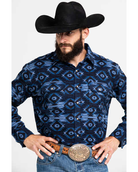 Ely Walker Men's Southwestern Print Long Sleeve Western Flannel Shirt , Navy, hi-res