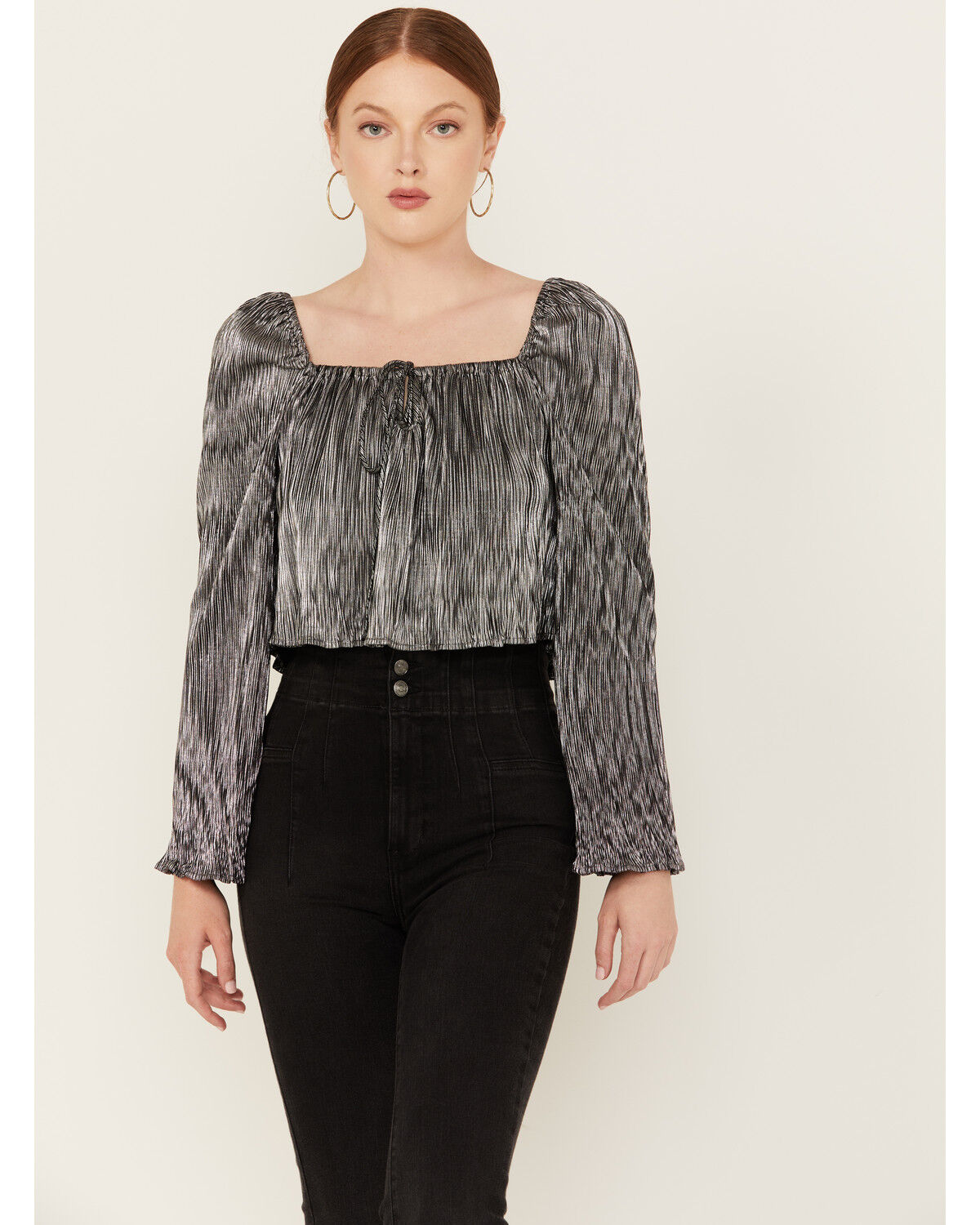 Image #1 - Jen's Pirate Booty Women's Jade Long Sleeve Metallic Pleated Top, Silver, hi-res