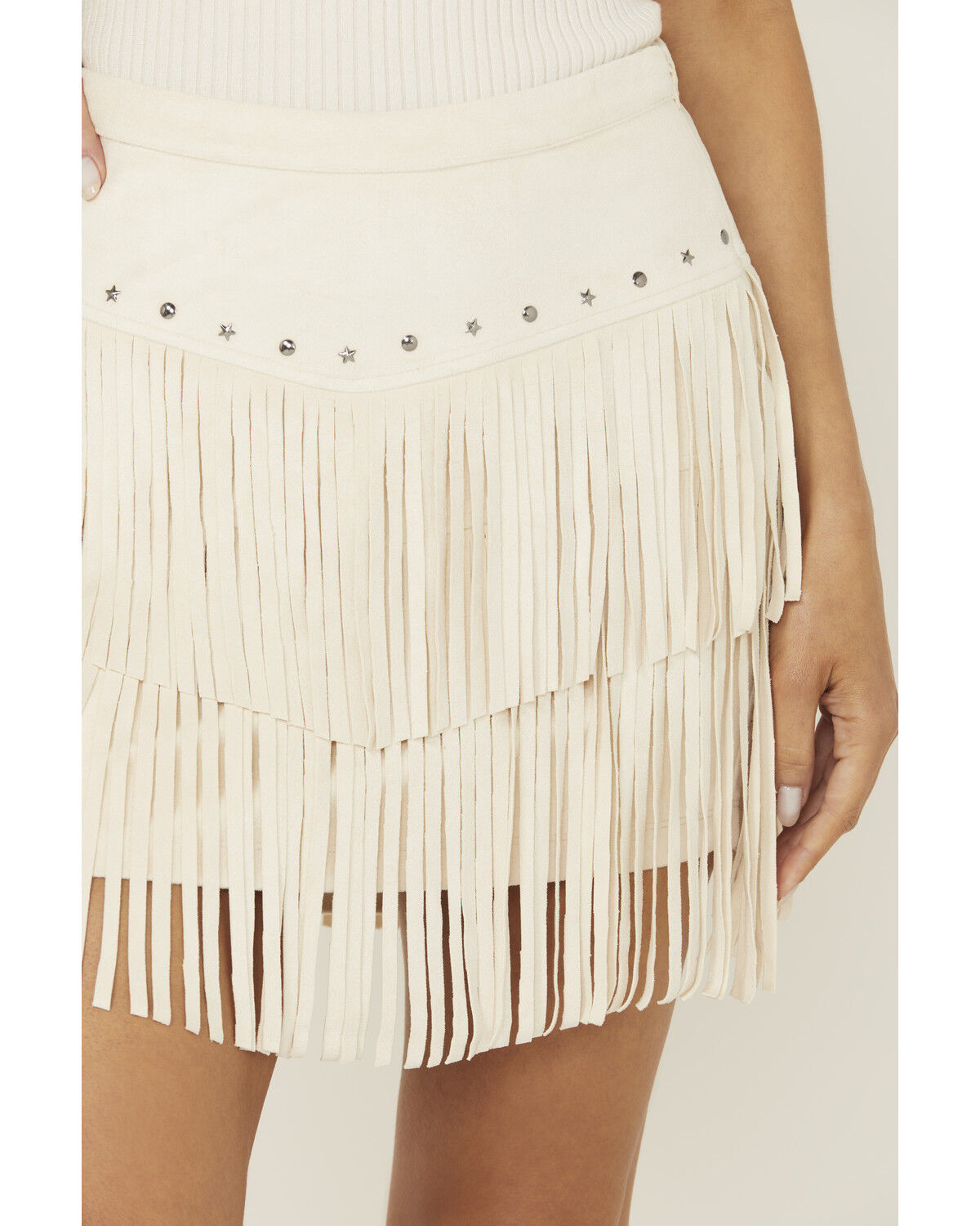 Image #2 - Rock & Roll Denim Women's Fringe Studded Skirt, Cream, hi-res