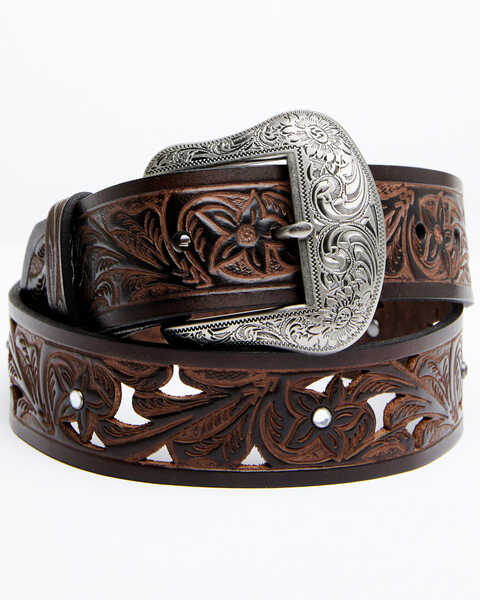 Shyanne Women's Brown Filigree & Floral Cutout Tooled Leather Belt, Brown, hi-res