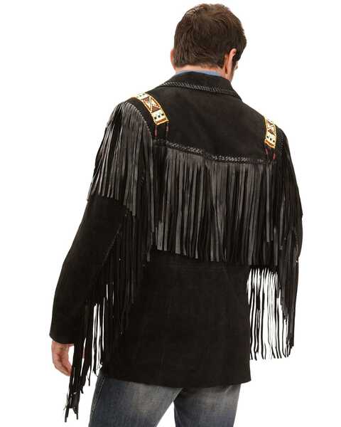 Image #3 - Scully Men's Bone Beaded Fringe Leather Jacket, Black, hi-res