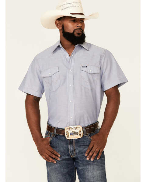 Wrangler Men's Chambray Rigid Cowboy Cut Short Sleeve Pearl Snap Work Shirt , Blue, hi-res