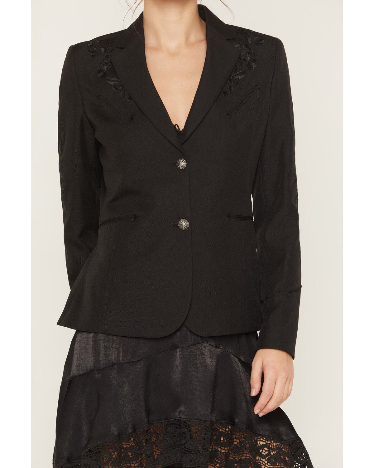 Image #3 - Scully Women's Tonal Scroll Embroidered Button-Down Blazer, Black, hi-res