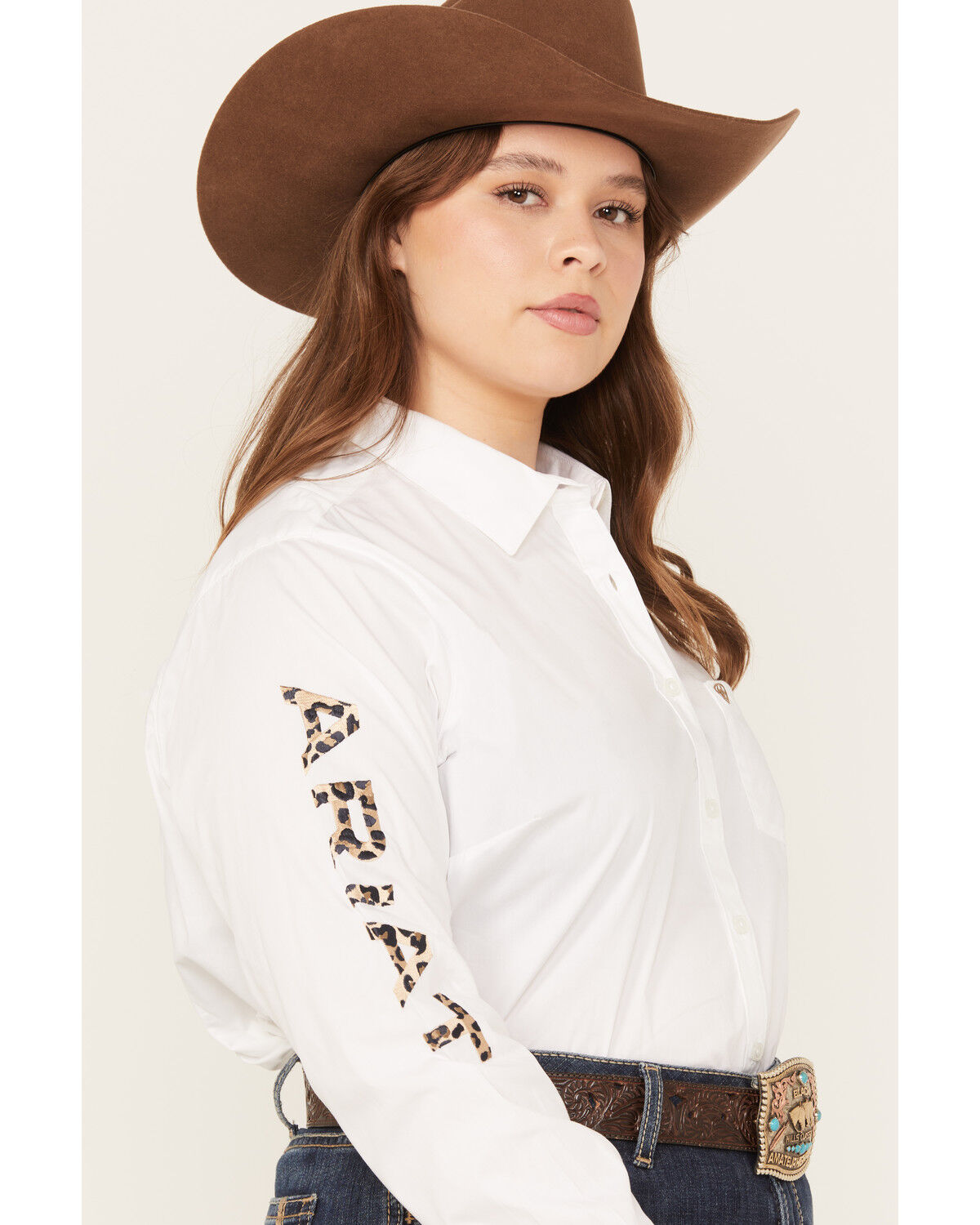 Image #2 - Ariat Women's Team Kirby Leopard Logo Stretch Shirt - Plus, White, hi-res