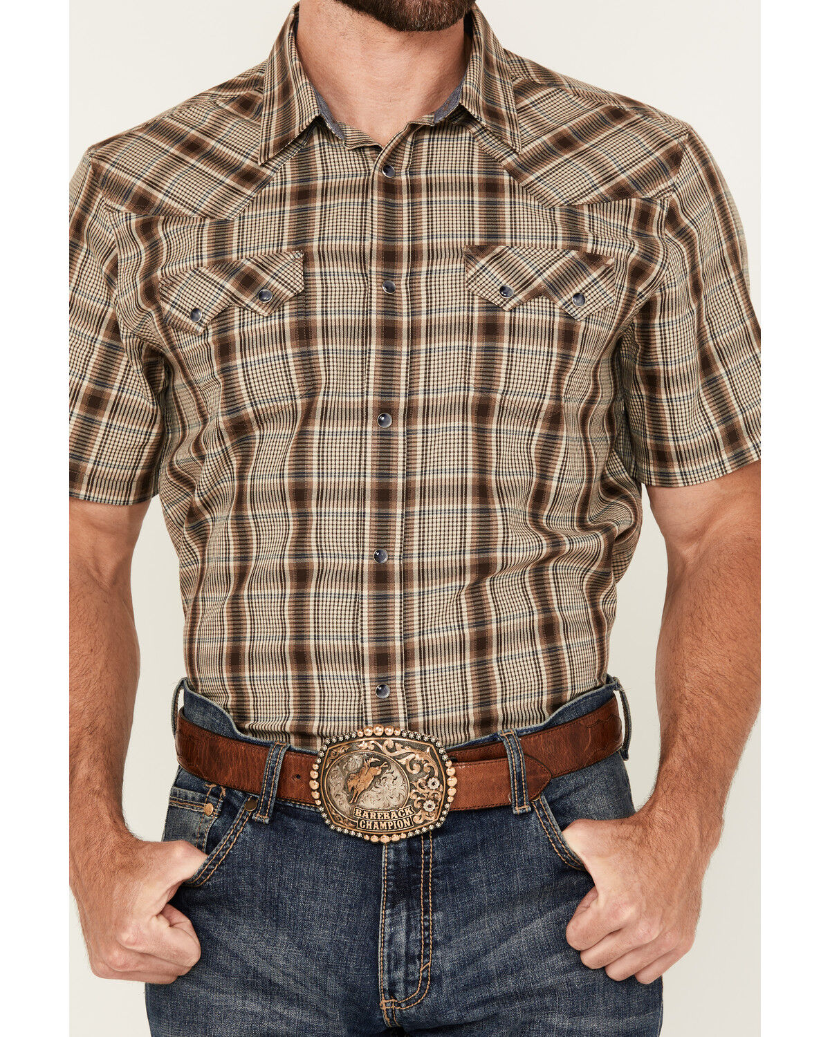 Image #3 - Cody James Men's Poncho Plaid Print Short Sleeve Snap Western Shirt - Big, Brown, hi-res
