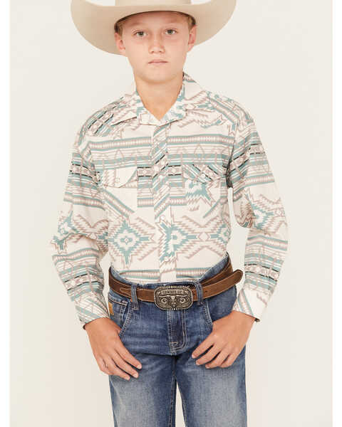 Rock & Roll Denim Boys' Southwestern Long Sleeve Pearl Snap Western Shirt, Aqua, hi-res