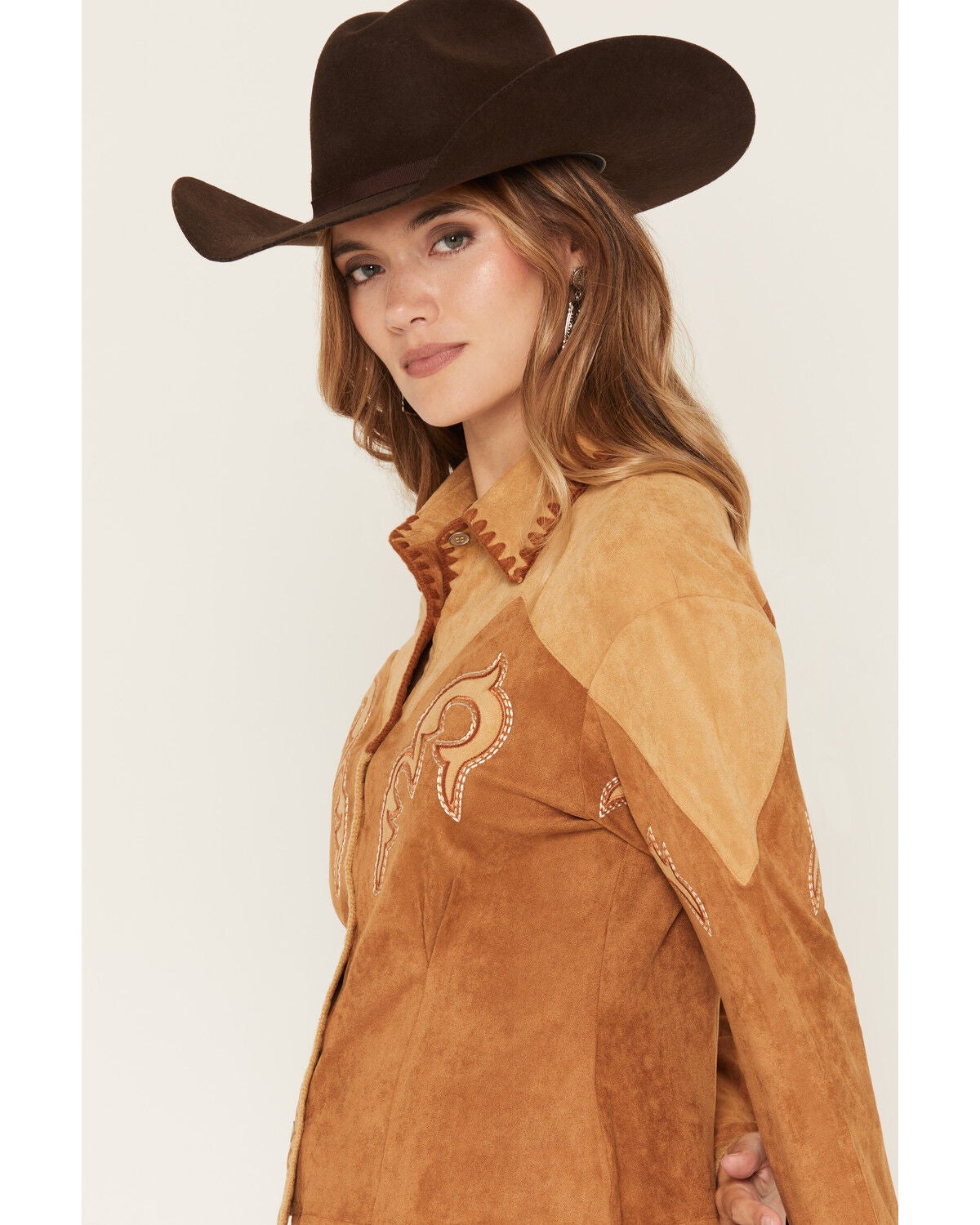 Image #2 - Miss Me Women's Faux Suede Long Sleeve Button-Down Western Shirt, Camel, hi-res