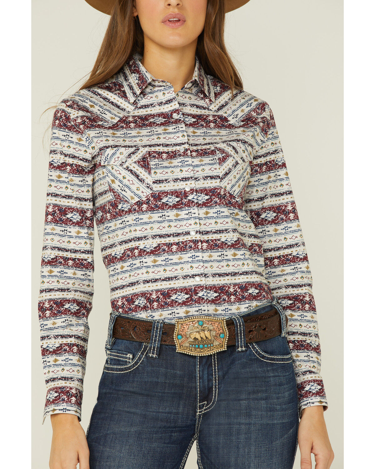 Image #2 - Panhandle Women's Southwestern Print Long Sleeve Button Down Shirt, Wine, hi-res
