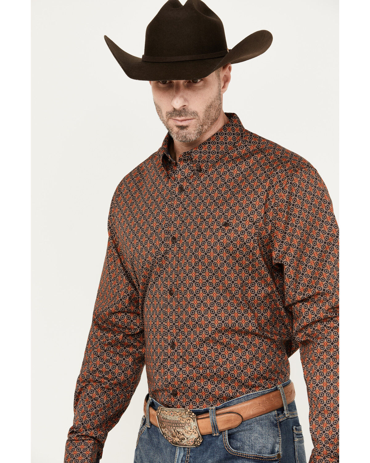 Image #2 - RANK 45® Men's Floral Medallion Print Long Sleeve Button-Down Western Shirt, Coffee, hi-res
