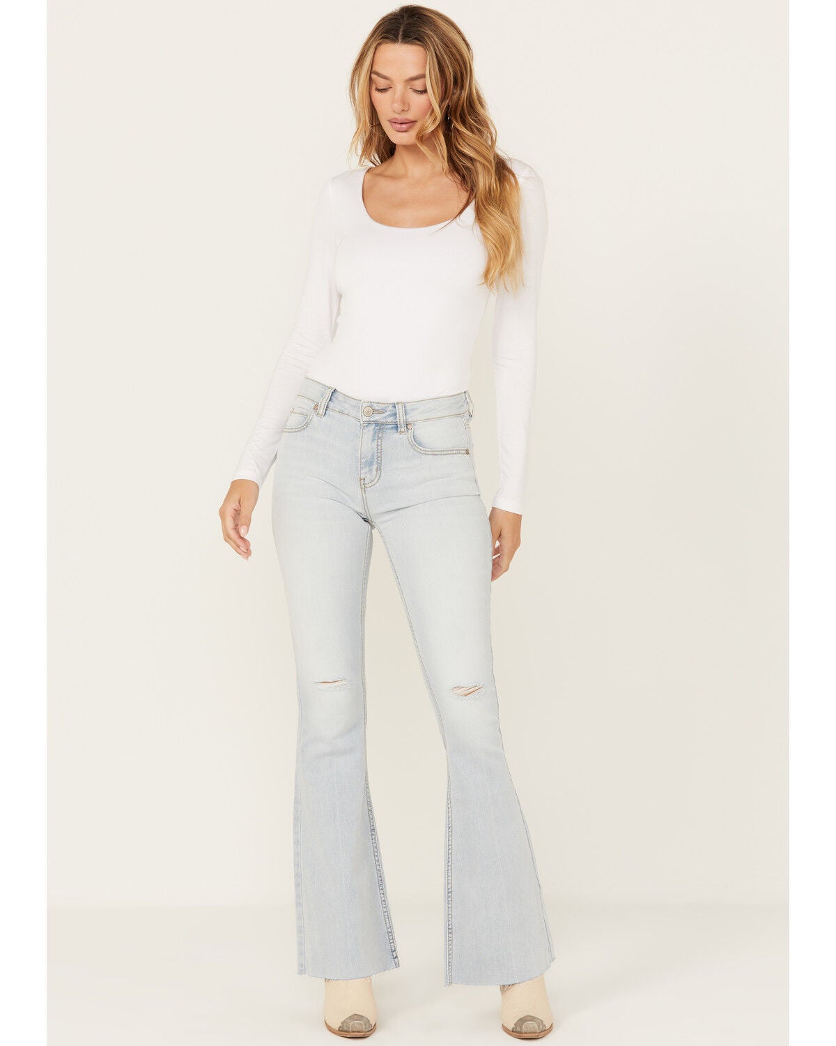 Shyanne Women's Agave Light Wash Mid Rise Destructed Stretch Flare Jeans, Light Wash, hi-res