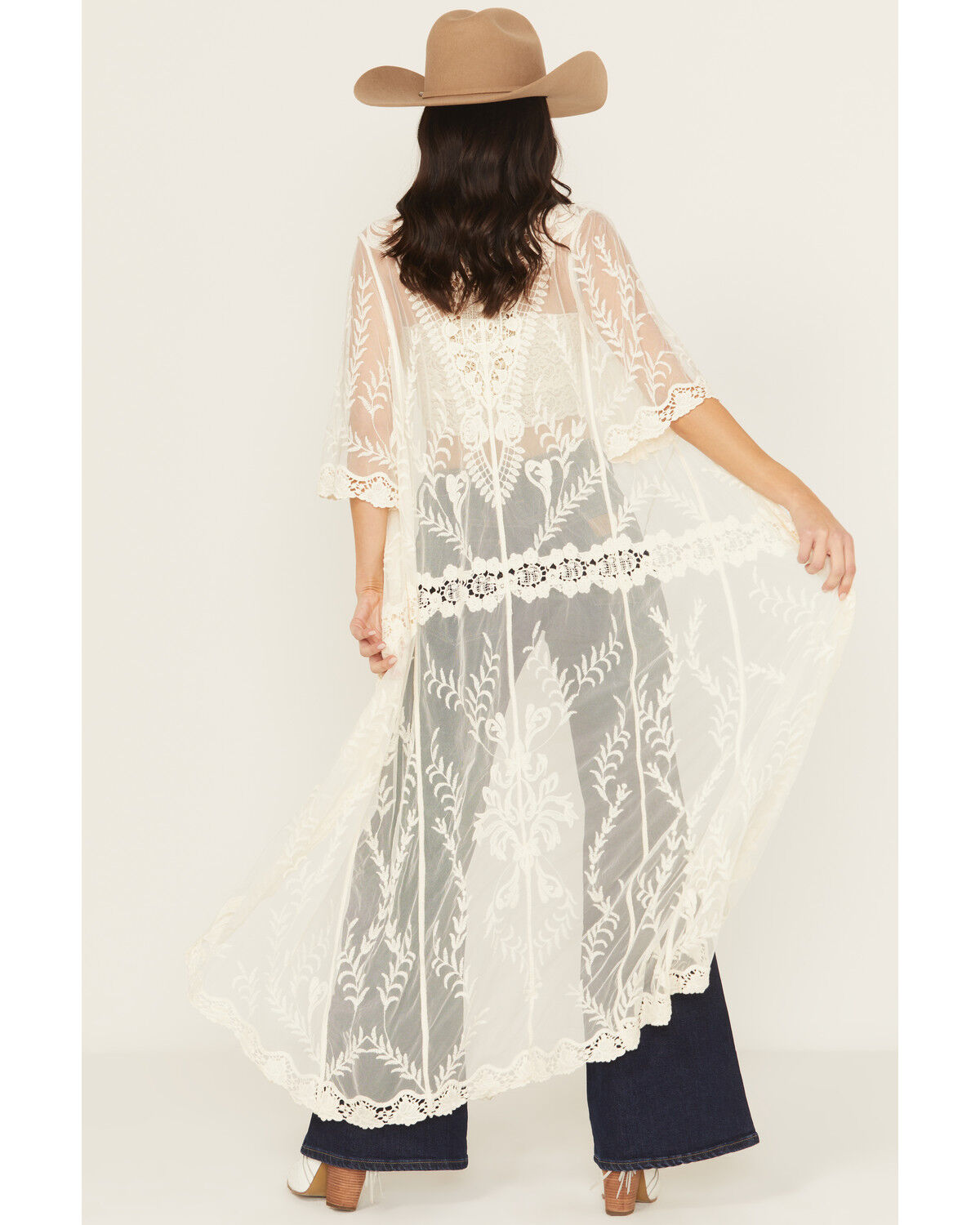 Image #4 - Shyanne Women's Long Embroidered Mesh Kimono, Cream, hi-res