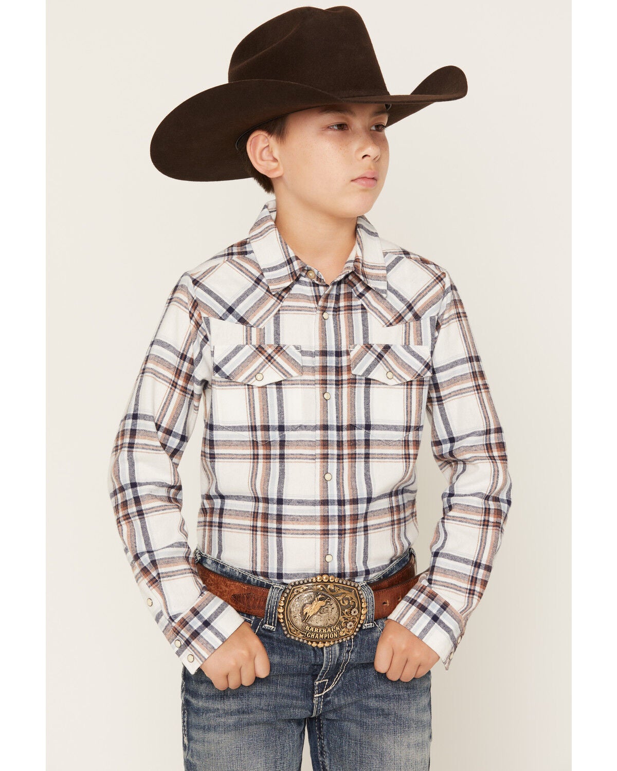 Gibson Trading Co Boys' Tucker Plaid Print Long Sleeve Snap Flannel Shirt, White, hi-res