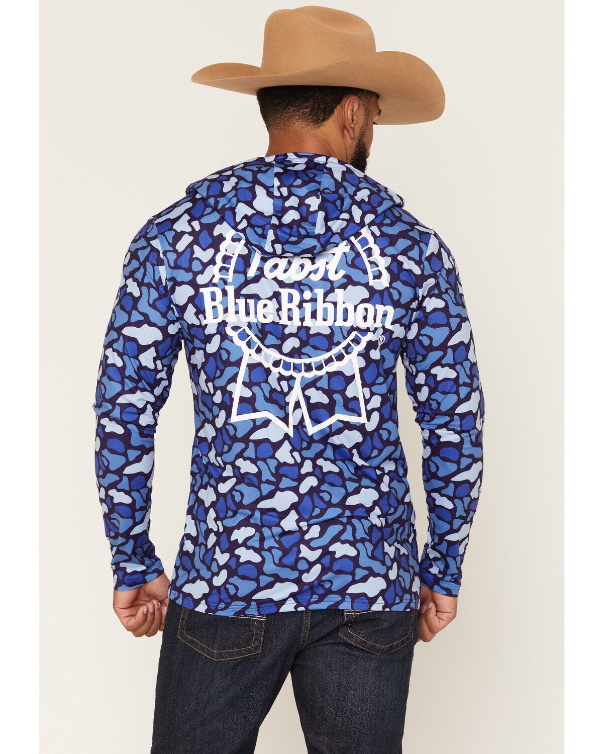 PBR Men's Camo Print Long Sleeve Hooded Shirt, Blue, hi-res