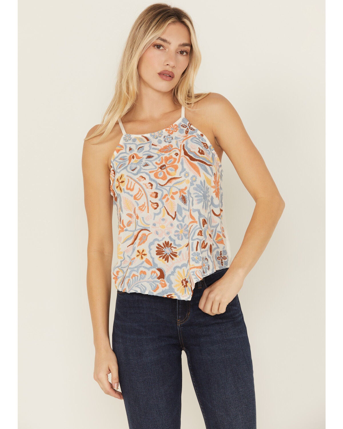 Idyllwind Women's Floral Haze Embroidered Crinkle Tank Top, Ivory