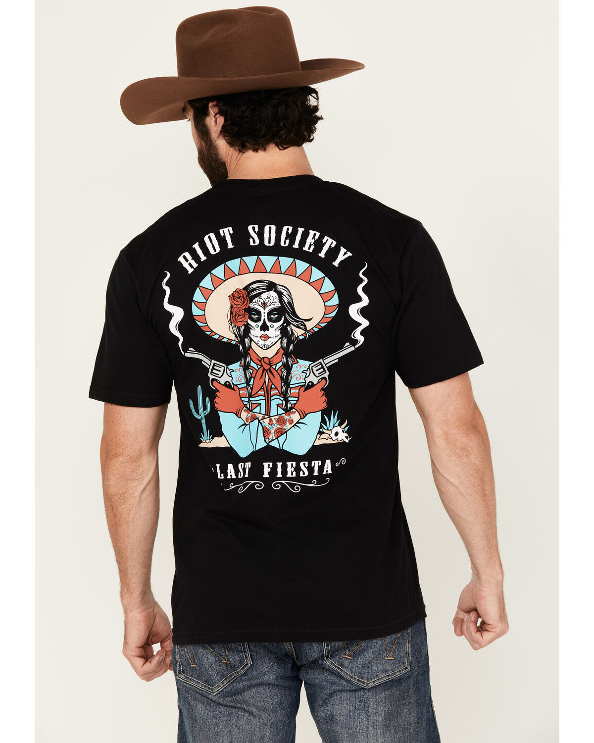 Image #1 - Riot Society Men's Boot Barn Exclusive Fiesta Cowgirl Short Sleeve Graphic T-Shirt, Black, hi-res