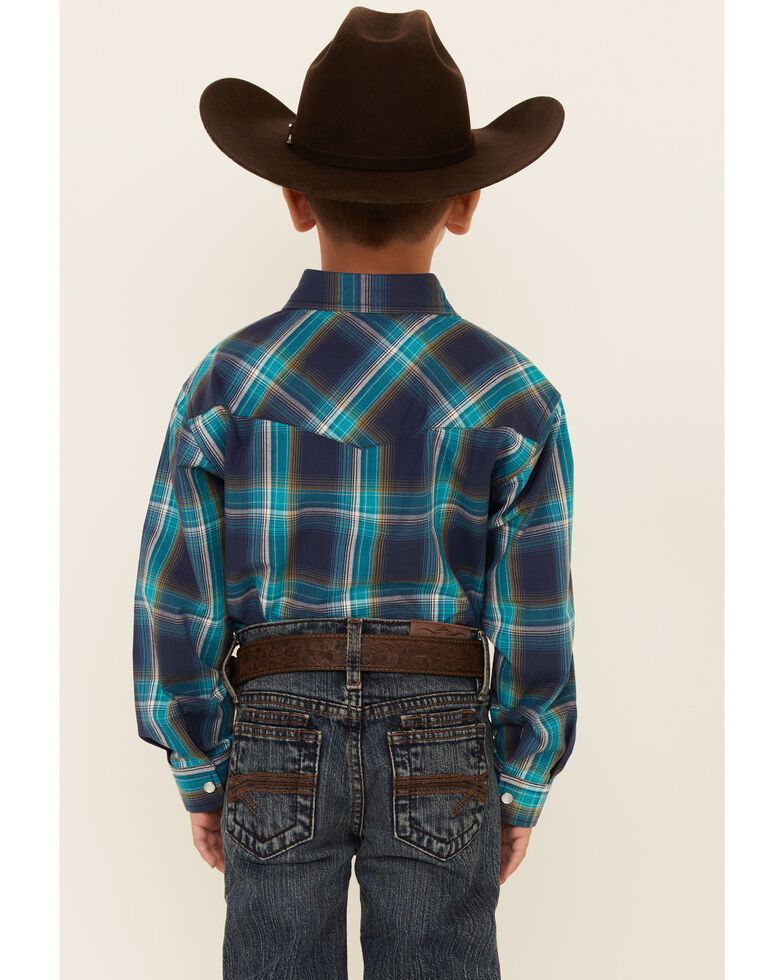Amarillo Boys' Cool Pines Shadow Plaid Long Sleeve Snap Western Shirt , Teal, hi-res