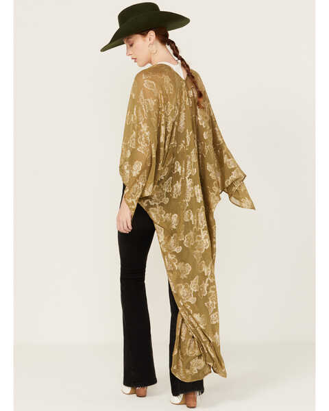 Image #4 - En Creme Women's Floral Metallic Long Sleeve Duster Kimono, Olive, hi-res