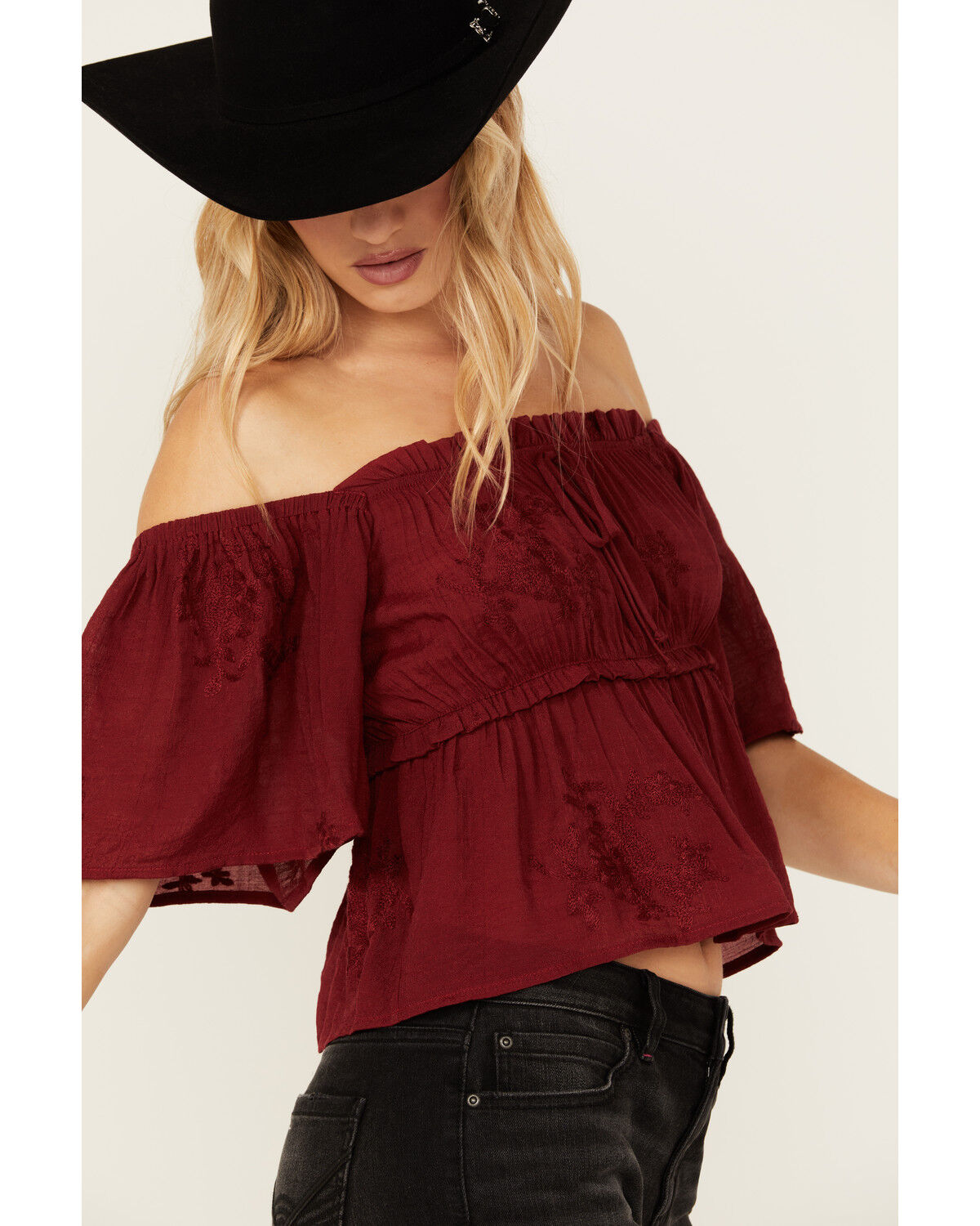 Image #2 - Wild Moss Women's Jacquard Flutter Sleeve Top, Burgundy, hi-res