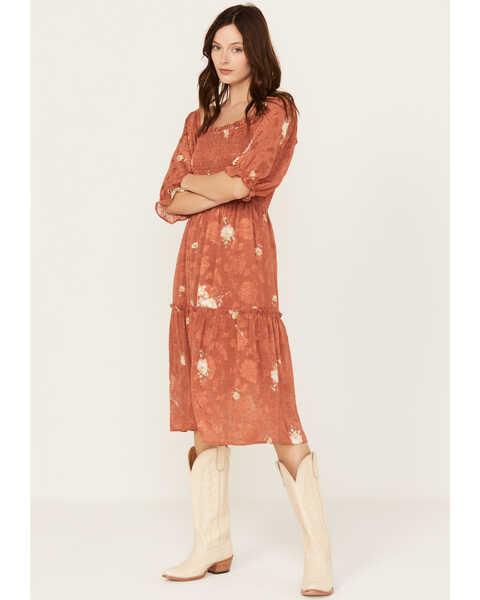 Image #1 - Wild Moss Women's Jacquard Smocked Front Dress, Rust Copper, hi-res