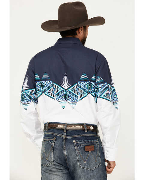 Image #4 - Panhandle Men's Southwestern Border Print Long Sleeve Pearl Snap Western Shirt, White, hi-res