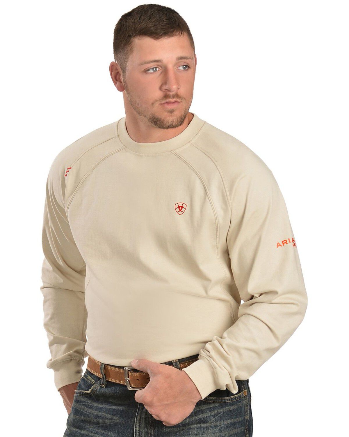 Image #1 - Ariat Men's FR Work Crew Long Sleeve T-Shirt, Sand, hi-res