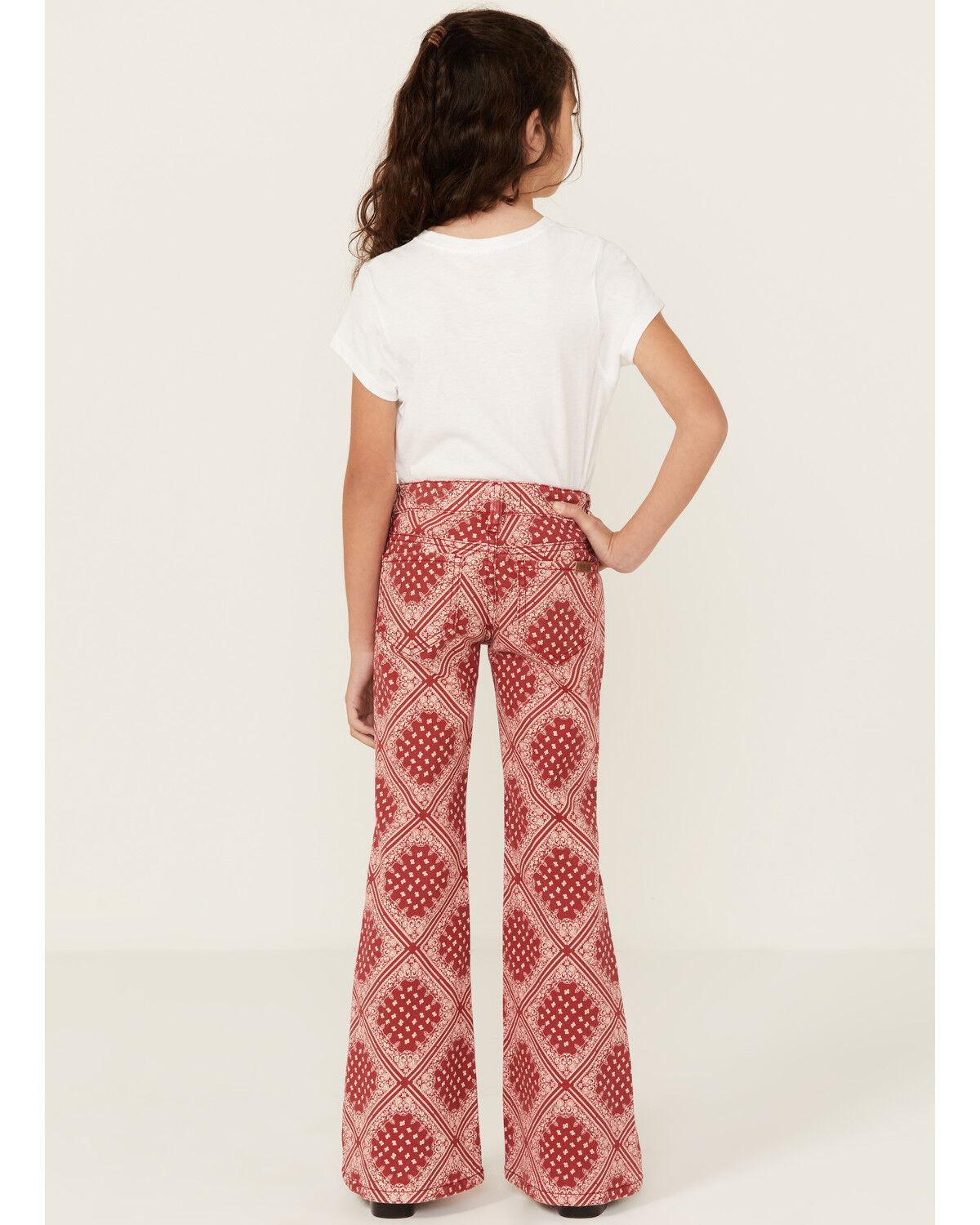 Image #3 - Panhandle Girls' Bandana Print Flare Stretch Denim Jeans, Red, hi-res