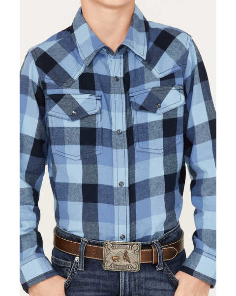 Image #3 - Cody James Boys' Plaid Print Long Sleeve Snap Western Flannel Shirt, Navy, hi-res
