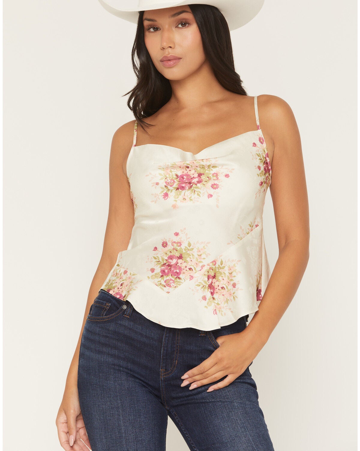 Shyanne Women's Floral Print Sleeveless Satin Tank Top, Cream, hi-res