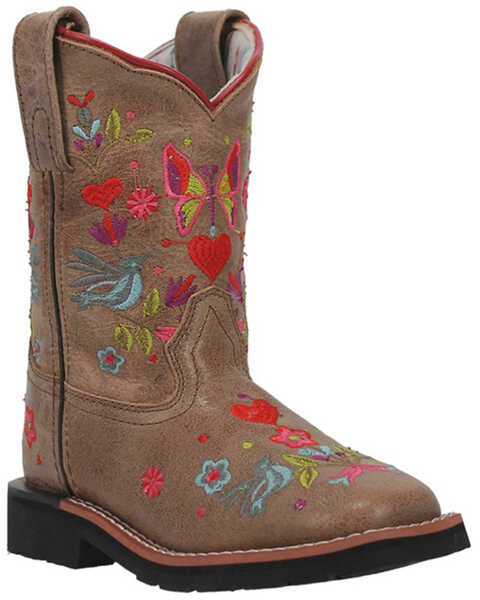 Image #1 - Dan Post Girls' Embroidered Western Boots - Broad Square Toe, Taupe, hi-res
