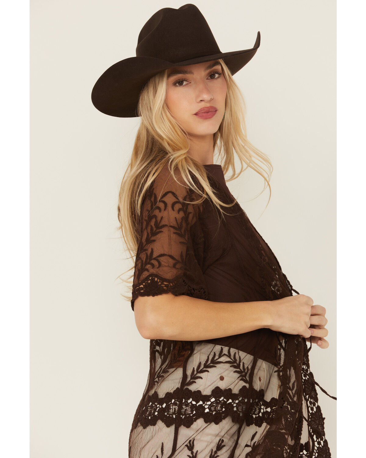 Image #2 - Shyanne Women's Embroidered Mesh Kimono, Dark Brown, hi-res