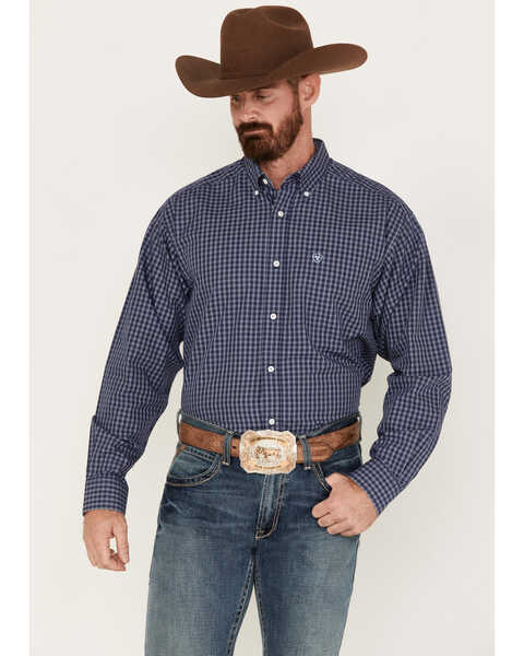 Image #1 - Ariat Men's Immanuel Small Plaid Wrinkle Free Long Sleeve Button Down Western Shirt, Navy, hi-res