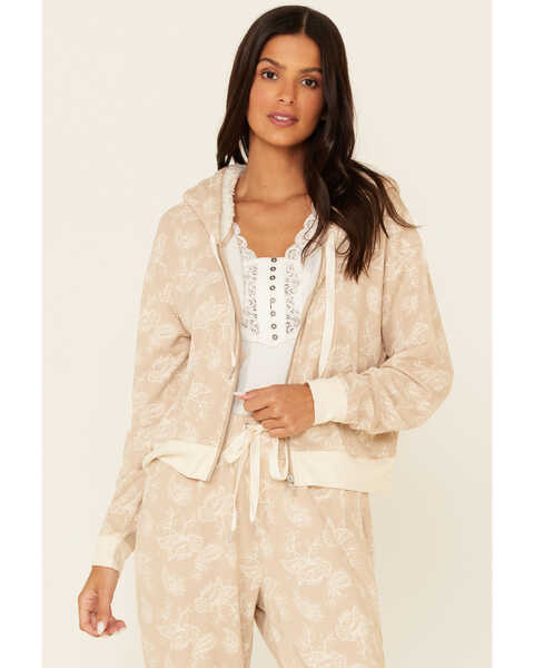 Image #1 - Idyllwind Women's Tan Floral Print Sherpa Zip-Front Hooded Jacket, , hi-res