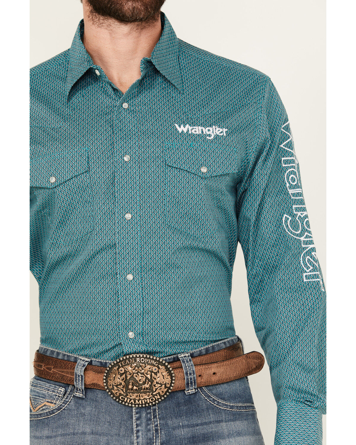 Image #3 - Wrangler Men's Logo Geo Print Long Sleeve Snap Western Shirt, Turquoise, hi-res