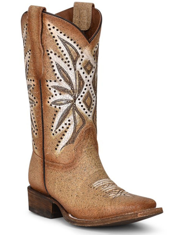 Corral Girls' Straw Embroidery Western Boots - Square Toe, Tan, hi-res