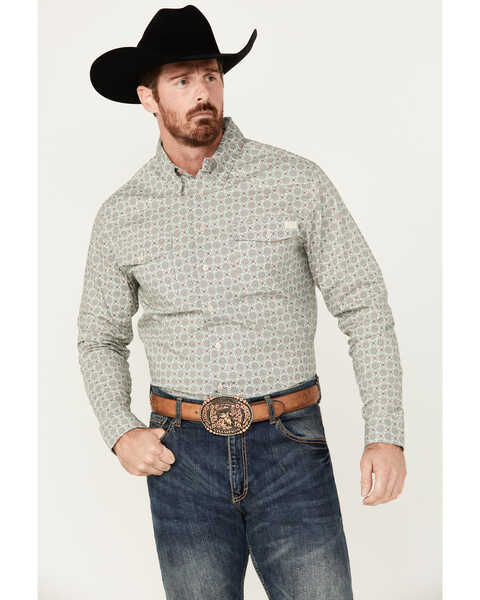 Image #1 - Justin Men's Boot Barn Exclusive JustFlex Medallion Print Long Sleeve Button-Down Western Shirt , Green, hi-res