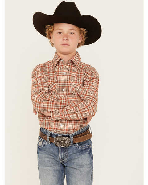 Image #1 - Rough Stock by Panhandle Boys' Plaid Print Long Sleeve Pearl Snap Stretch Western Shirt, Rust Copper, hi-res