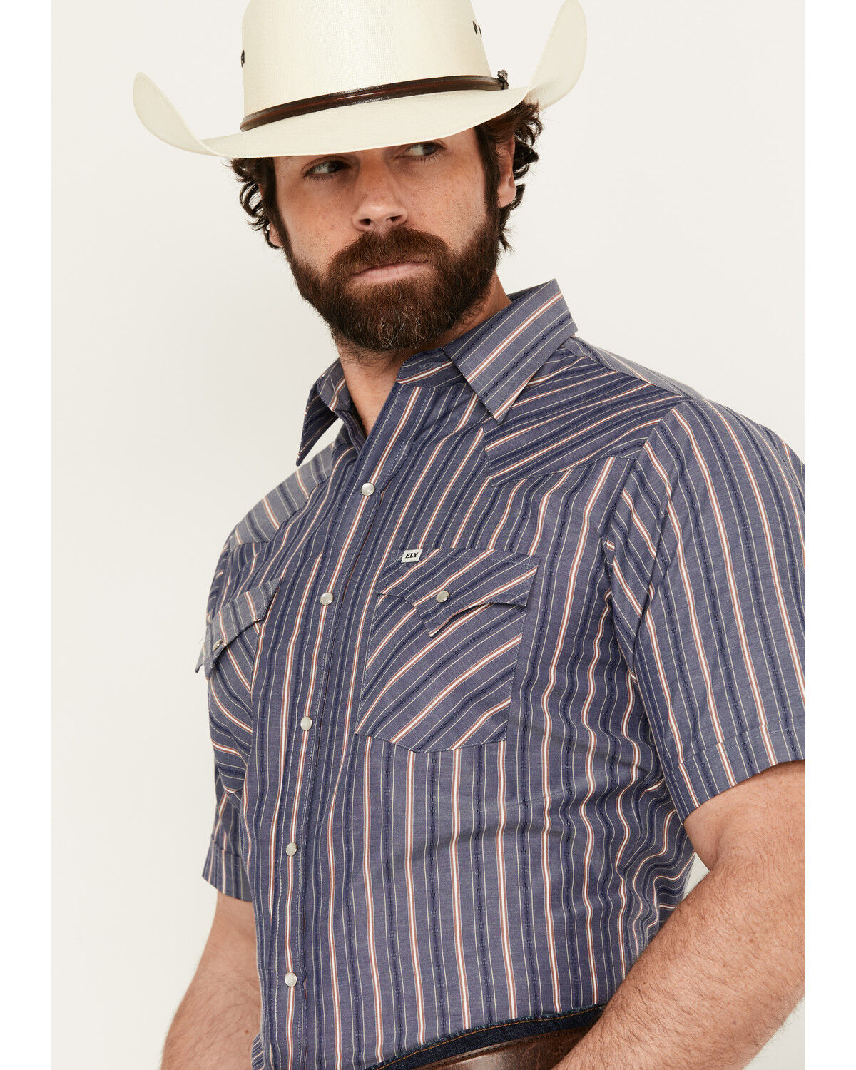 Image #2 - Ely Walker Men's Dobby Striped Print Short Sleeve Snap Western Shirt, Blue, hi-res
