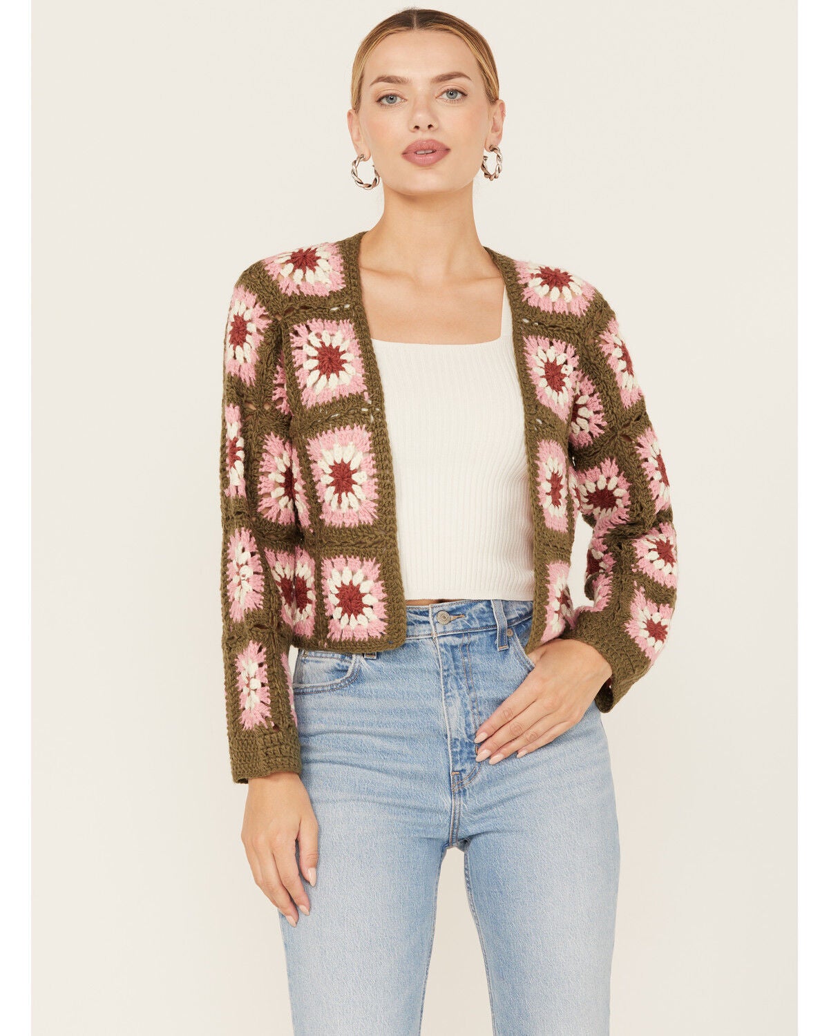Sadie & Sage Women's Whoopsie Daisy Crochet Cropped Cardigan, Olive, hi-res
