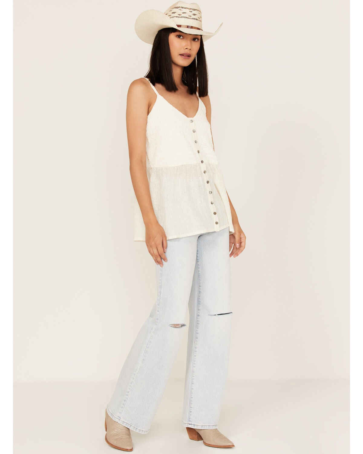 Image #2 - Cleo + Wolf Women's Smocked Button Front Woven Tank Top, Ivory, hi-res