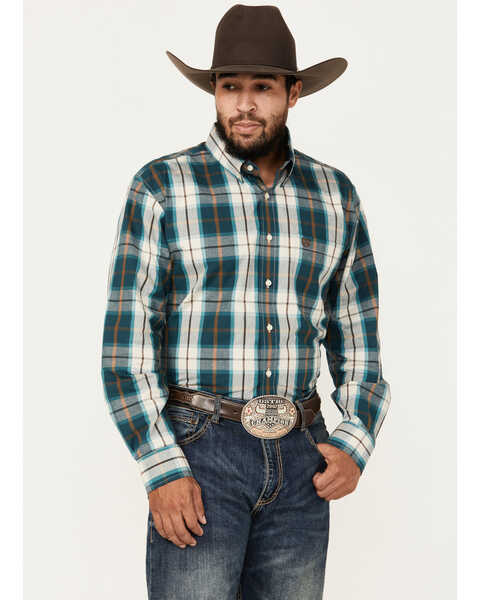 Image #1 - Panhandle Men's Select Plaid Print Long Sleeve Button-Down Western Shirt, Dark Green, hi-res