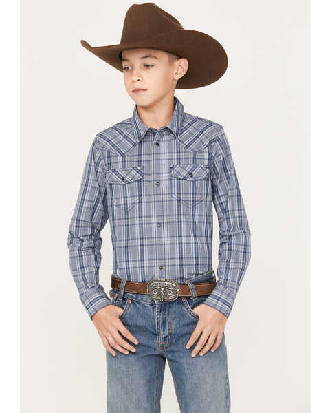 Cody James Boys' Creek Plaid Print Long Sleeve Snap Western Shirt, Navy, hi-res