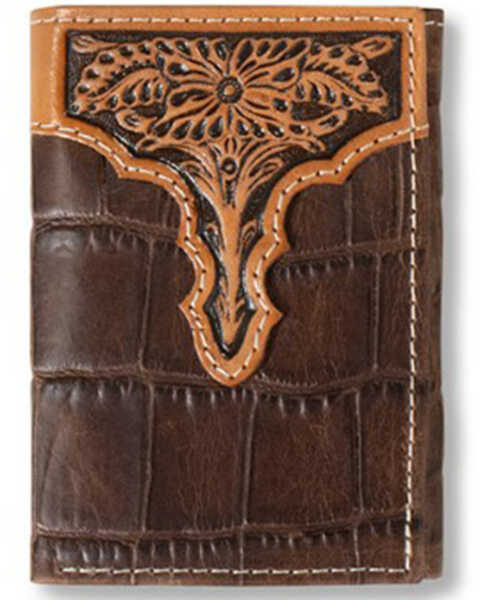 Image #1 - Ariat Men's Tri-Fold Croc Floral Embossed Wallet , Brown, hi-res