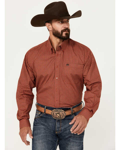 Cinch Men's Geo Print Long Sleeve Button-Down Western Shirt, Red, hi-res