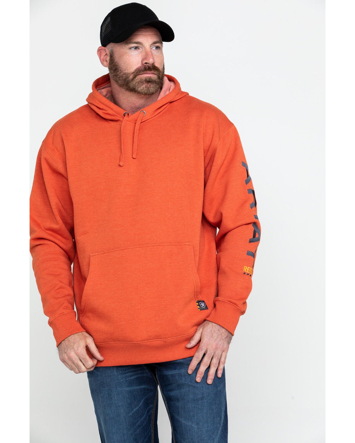 Ariat Men's Volcanic Heather Rebar Graphic Hooded Work Sweatshirt, Heather Orange, hi-res